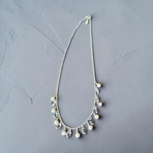 1928 Jewelry Necklace Faux Pearl Crystal Teardrop Dangle Silver Tone